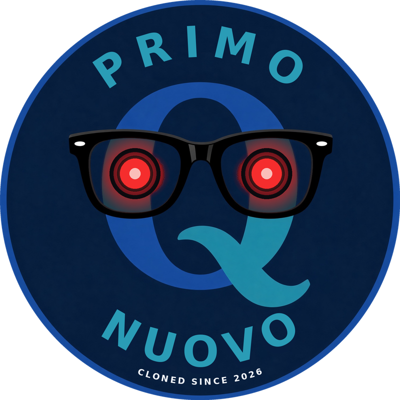Primo Nuovo by Q logo: a Q wearing black wayfarer glasses with glowing red target eyes